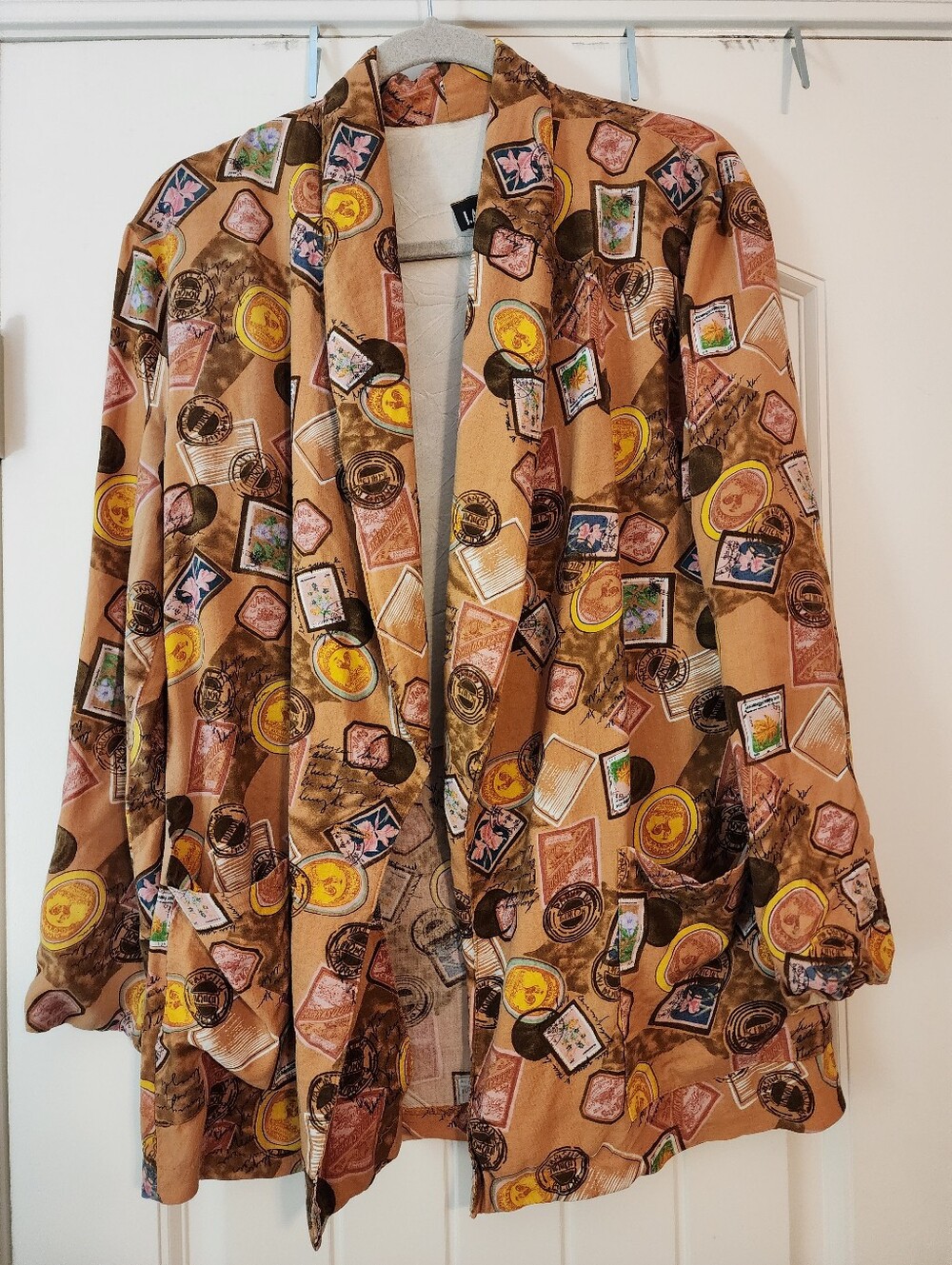 J Andrews Cotton Blend Woven Stamp-Print Open Front Shawl Collar Jacket Large